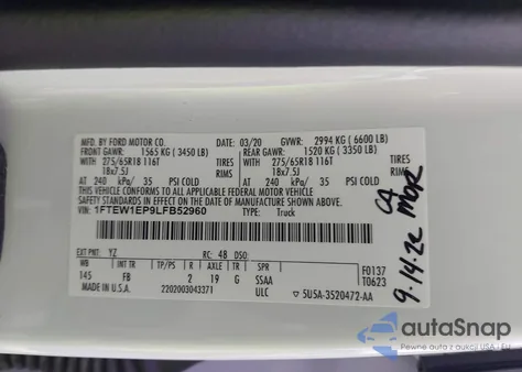 2020 Ford F-150 Xlt from USA, damaged, VIN 1FTEW1EP9LFB52960